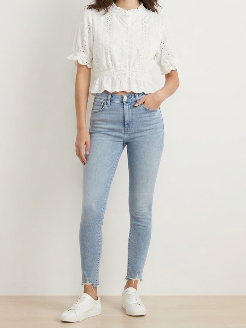 Rebellion White Eyelet Button Front Ruffled Crop Top